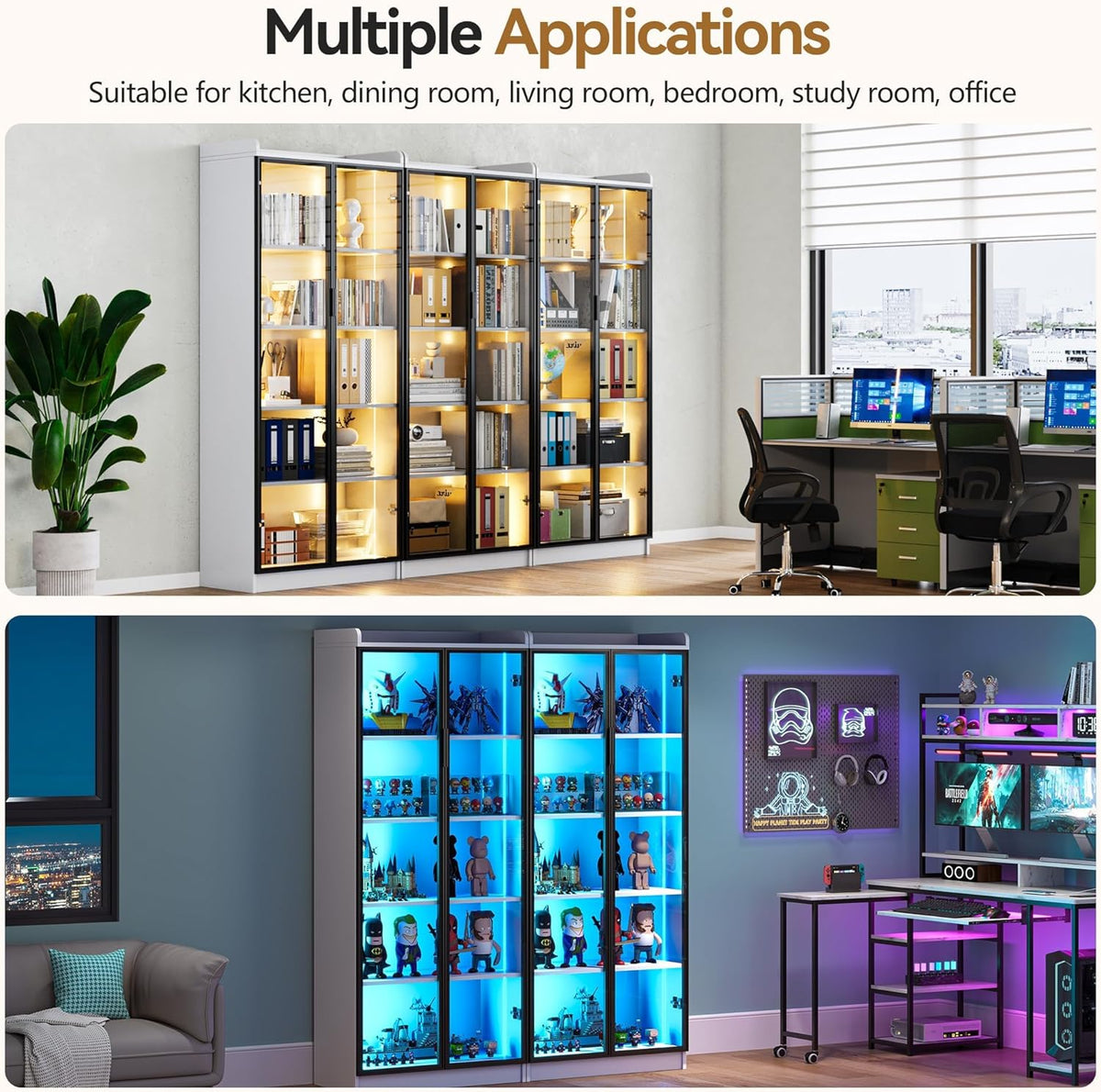 Gurexl Vitrine mit LED Beleuchtung und Intelligente Sensorik für Kuriositäten,Vitrinenschrank mit 5 Höhenverstellbaren Böden und Acryltür für Wohnzimmer,Persönliches Büro,Studie,Schätze,Weiß