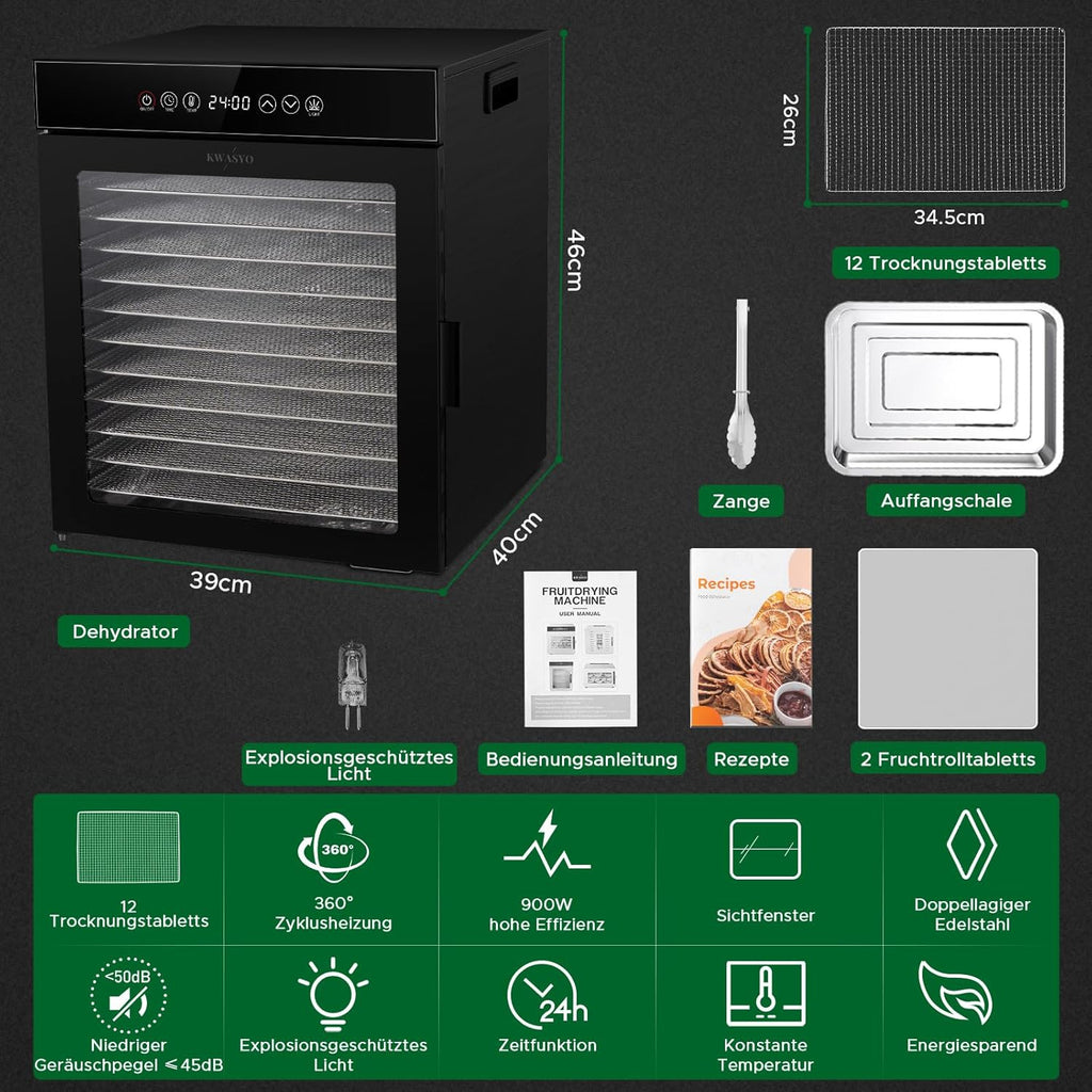 Kwasyo Dörrautomat Edelstahl, Dörrgerät 12 Etagen Ganz in Schwarz, 30-90℃ Temperaturregelung, 24 Stunden Timer, Rezeptheft für Fleisch Obst Gemüse Kräuter, 900W, LT-09