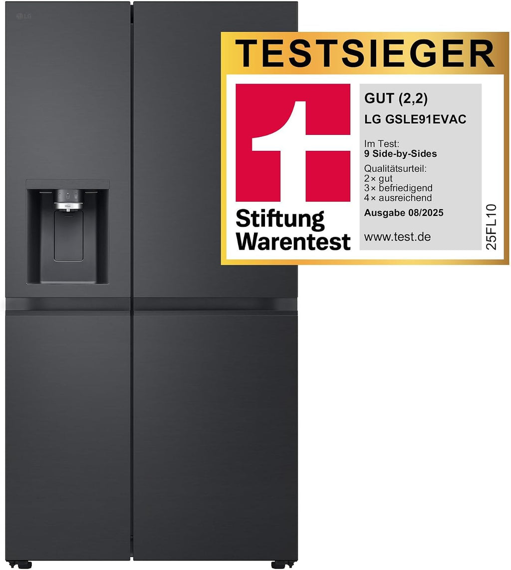 LG GSLE91EVAC Side by Side Kühlschrank, Klasse C, 628 L, Multi-Door Kühlschrank mit Gefrierfach, Eis-, Crushed Ice- Wasserspender mit UVnano, Total NoFrost, Smart Inverter Kompressor, Wi-Fi