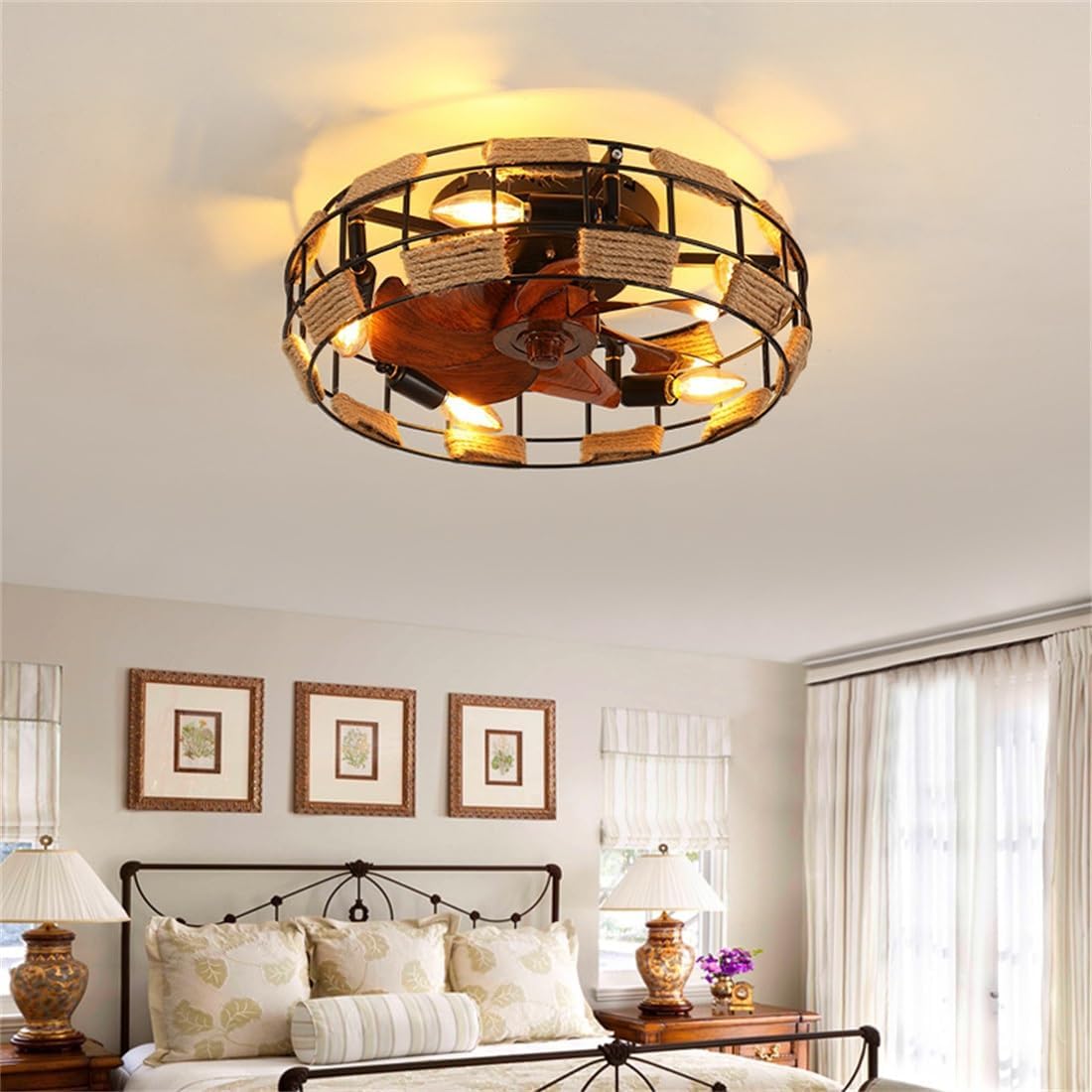 Deckenventilator Mit Beleuchtung, Leise Timer Vintage E27 Deckenlampe Mit Ventilator, Eisenkunst+Hanfseil Ventilator Retro 46W Deckenleuchte, 6-Gang-Einstellung, Für Schlafzimmer Wohnzimmer Esszimme