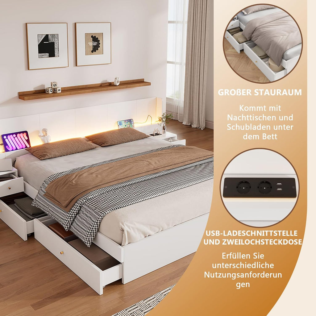 Doppelbett Bett 180x200 mit Stauraum 2 Schubladen, Extrabreiter LED-Kopfteil mit 2 Nachttischen & USB-Buchse, Holzbett Stauraumbett Bettgestell mit Lattenrost, Jugendbett, Ohne Matratze, Weiß