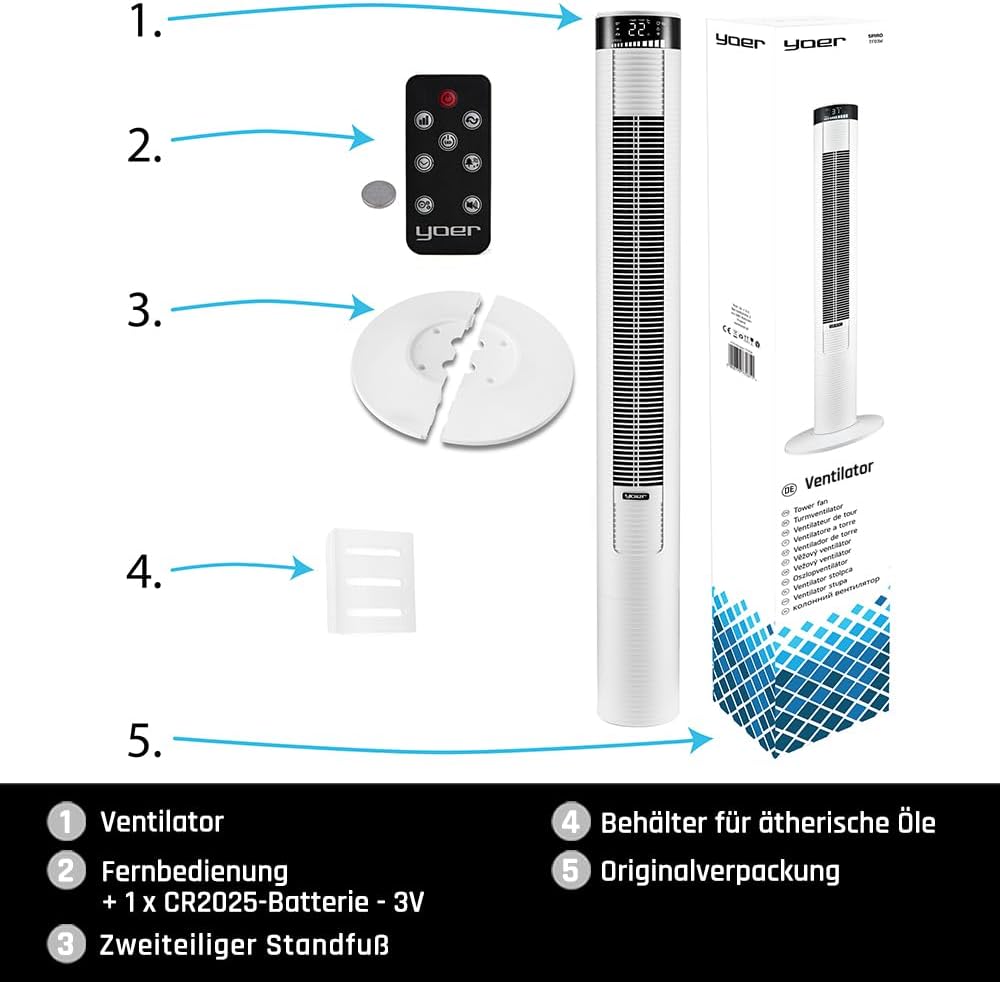 YOER Spiro TF03W, 45W, Ionisator, 4 Gebläsemodi, 90° Oszillation, 10m Reichweite, 12-Stunden-Timer, Leiser Betrieb, 3 Geschwindigkeitsstufen