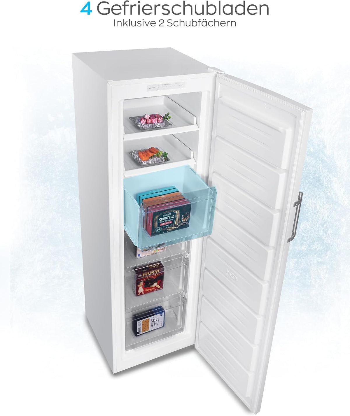 Heinrich´s Gefrierschrank 204L Temperatur: -14°C~-22°C, Volumen, Freezer, No-Frost Schutz, 4x Gefrierschubladen, 2x Schubfächer, LED-Display, wechselbarer Türanschlag, Alarmfunktion (weiß)