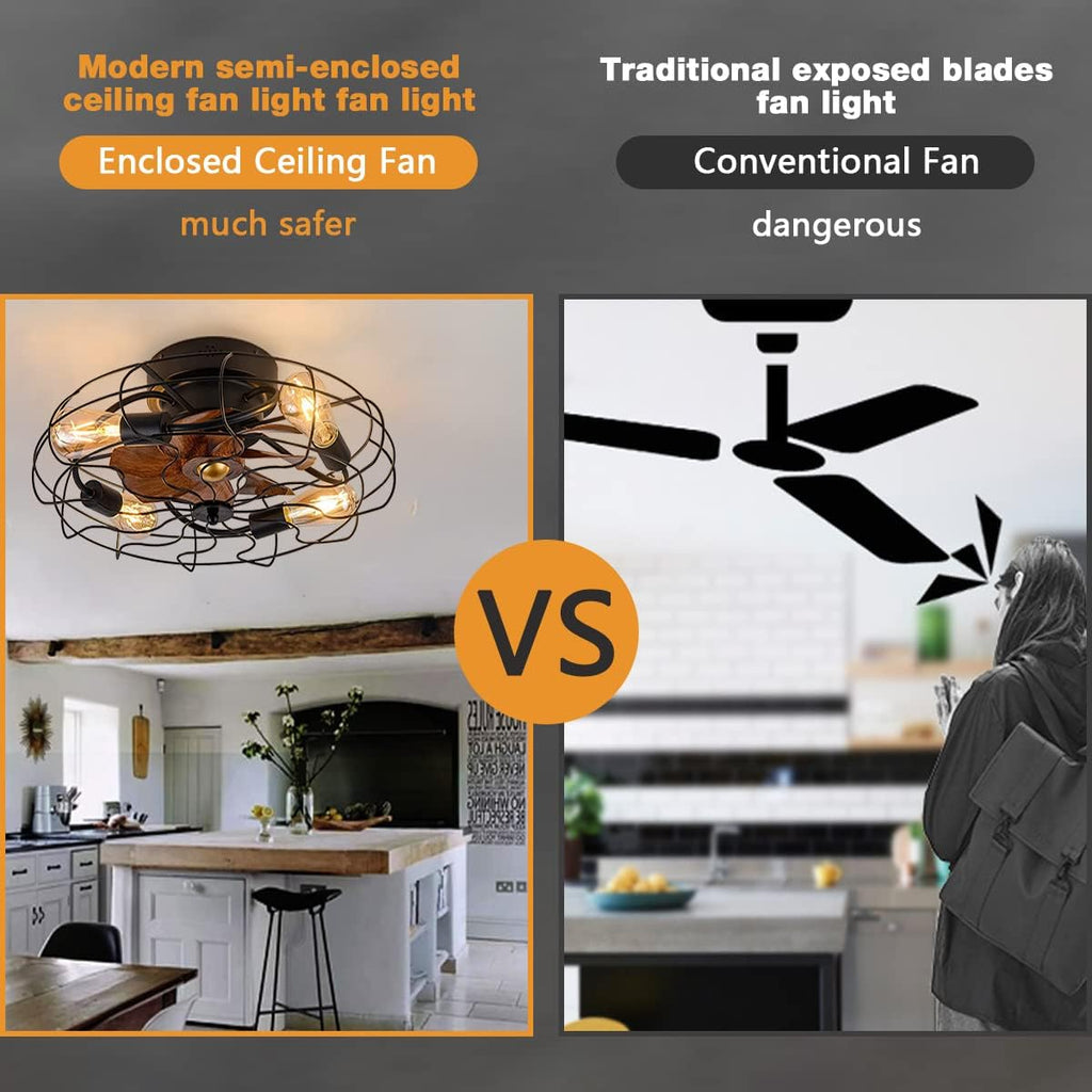 Deckenventilator mit Licht Retro LED Deckenleuchte mit Ventilator und Fernbedienung Industrial Deckenlampe E27 Vintage Cage Fan Lamp für Schlafzimmer Wohnzimmer Küche Beleuchtung, Schwarz