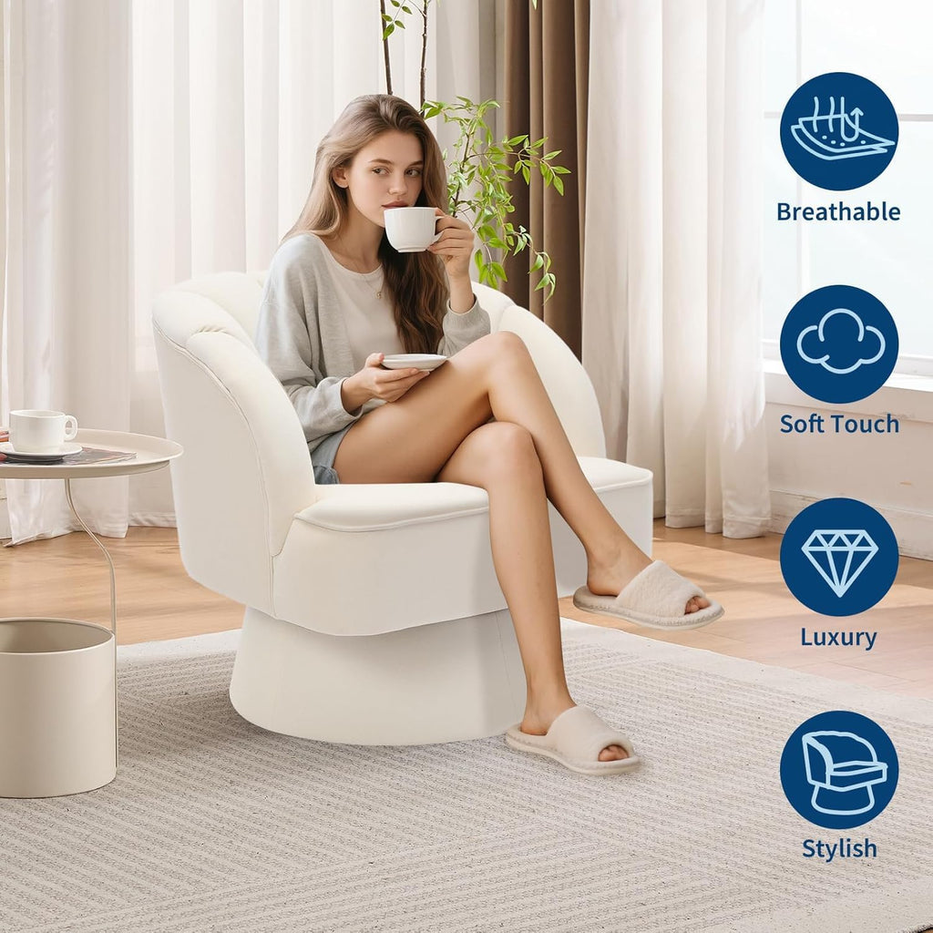 Moderner Drehsessel, 360 Grad Samt gepolsterter Sessel mit gestreifter Rückenlehne & Plüschpolsterung, bequemer runder Sessel für Wohnzimmer, Schlafzimmer, Leseecke, Beige
