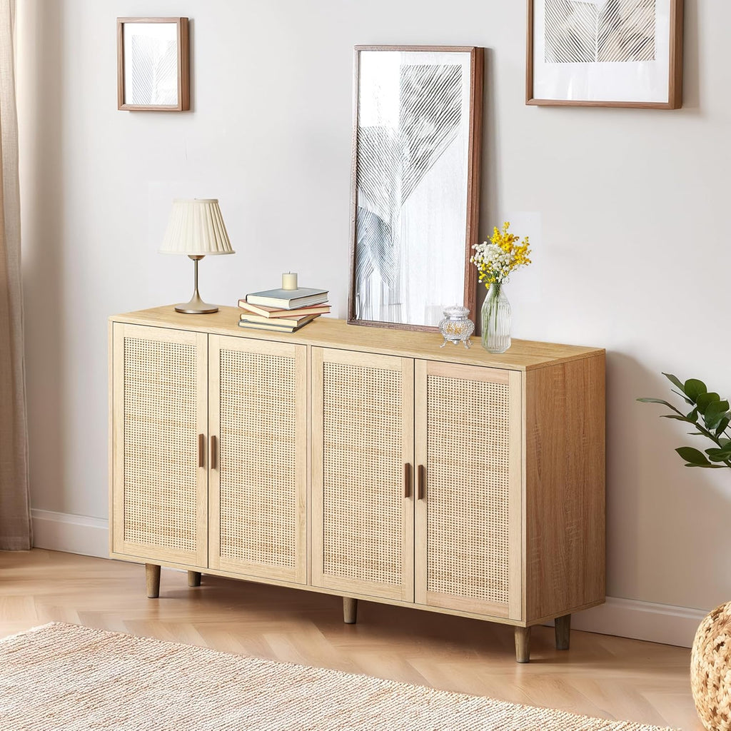 Sideboard mit verstellbaren Ablagen, Modernen Kommode mit 4 Türen, Rattan TV-Tisch mit viel Stauraum für Esszimmer, Wohnzimmer & Schlafzimmer, 158x40x88cm, Easy Assembly Holzfarbe (Holzfarbe)