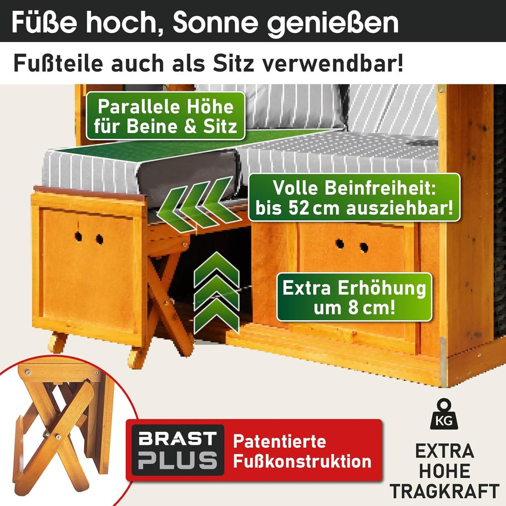 BRAST® Strandkorb Rügen Deluxe | für 2 Personen | 120cm breit | 5 Designs | inkl. wetterfeste Abdeckhaube | verstellbare Rückenlehne weiches Fußkissen | Anthrazit/Grau - gestreift