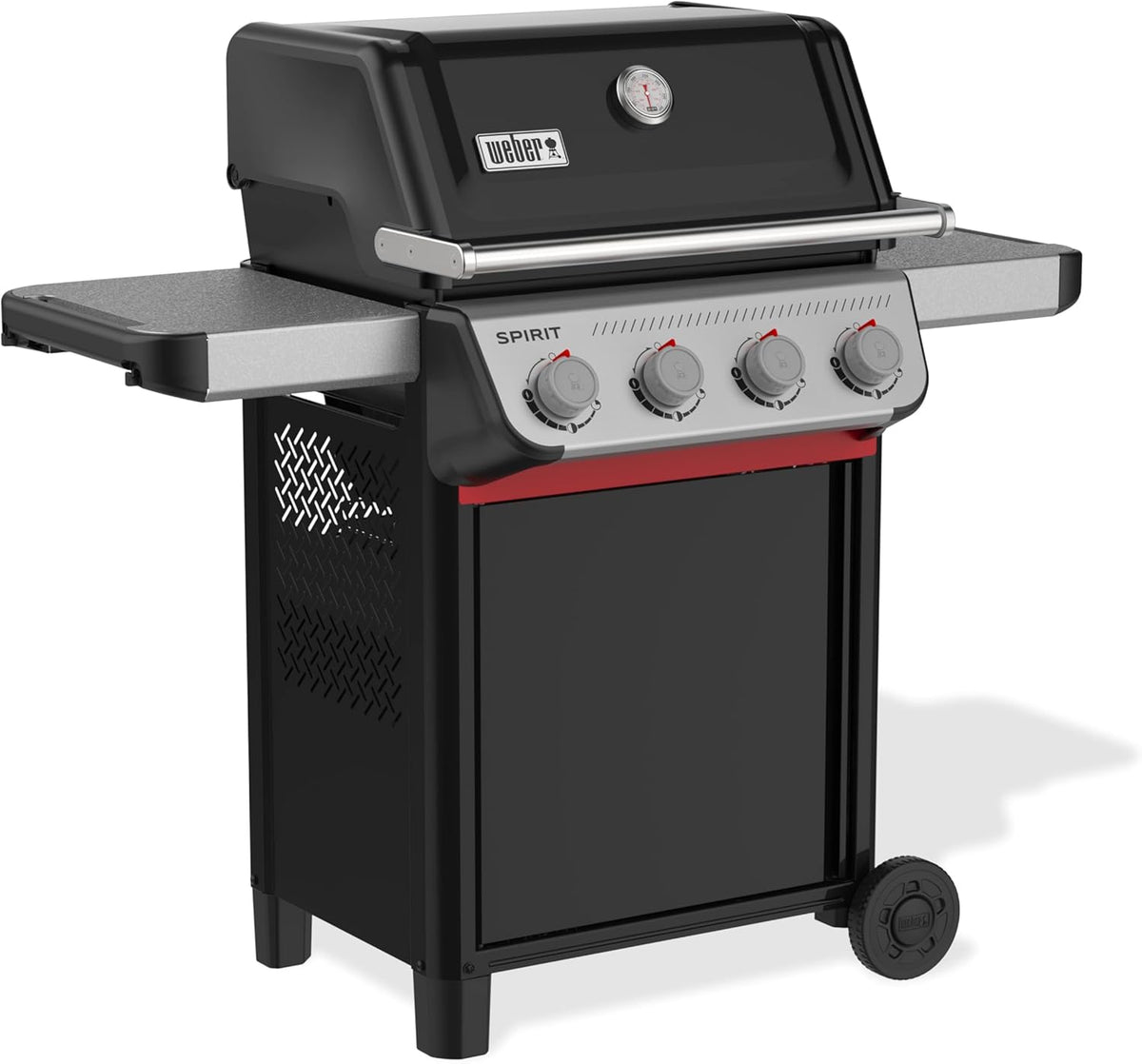Weber Spirit E-410 Gasgrill / 4 Brenner, Snap-Jet Zündung, Robuste Räder und Warmhalterost, 51 x 46 cm Grillfläche, Kompatibel mit Weber Works Seitenablagen, Schwarz/Silber