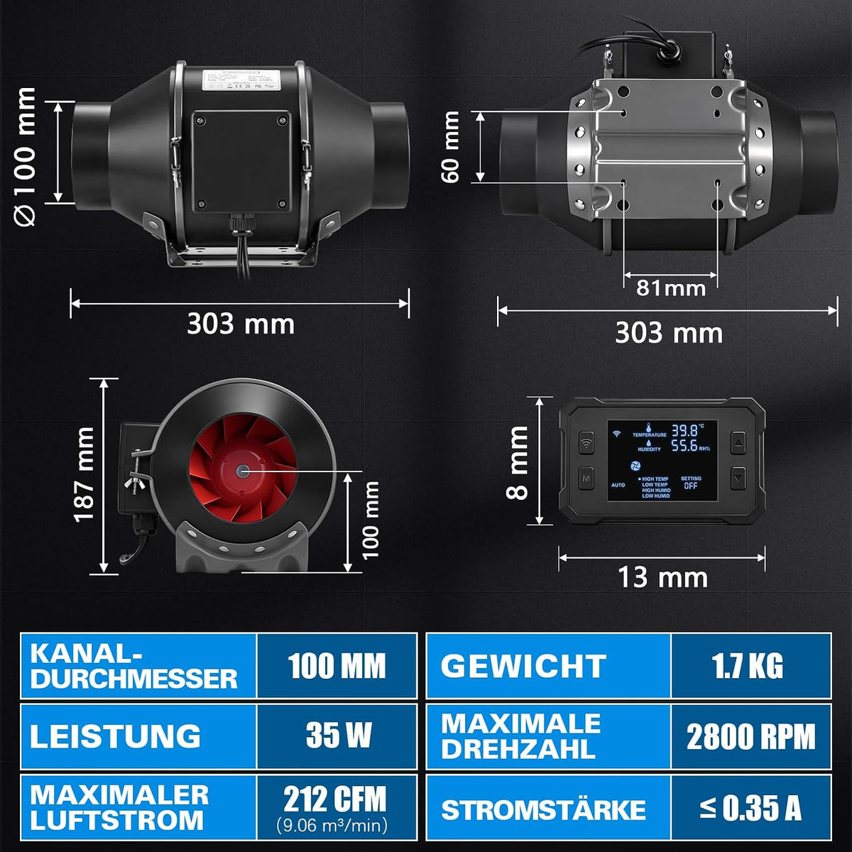 100mm Rohrventilator WiFi APP mit Inverter-EC-Motor, 360 m³/h Inliner Abluftventilator mit Intelligenter Temperatur- und Feuchtigkeitsregler, 3m Kabel Inline Rohrlüfter für Growzelte Gewächshäuser