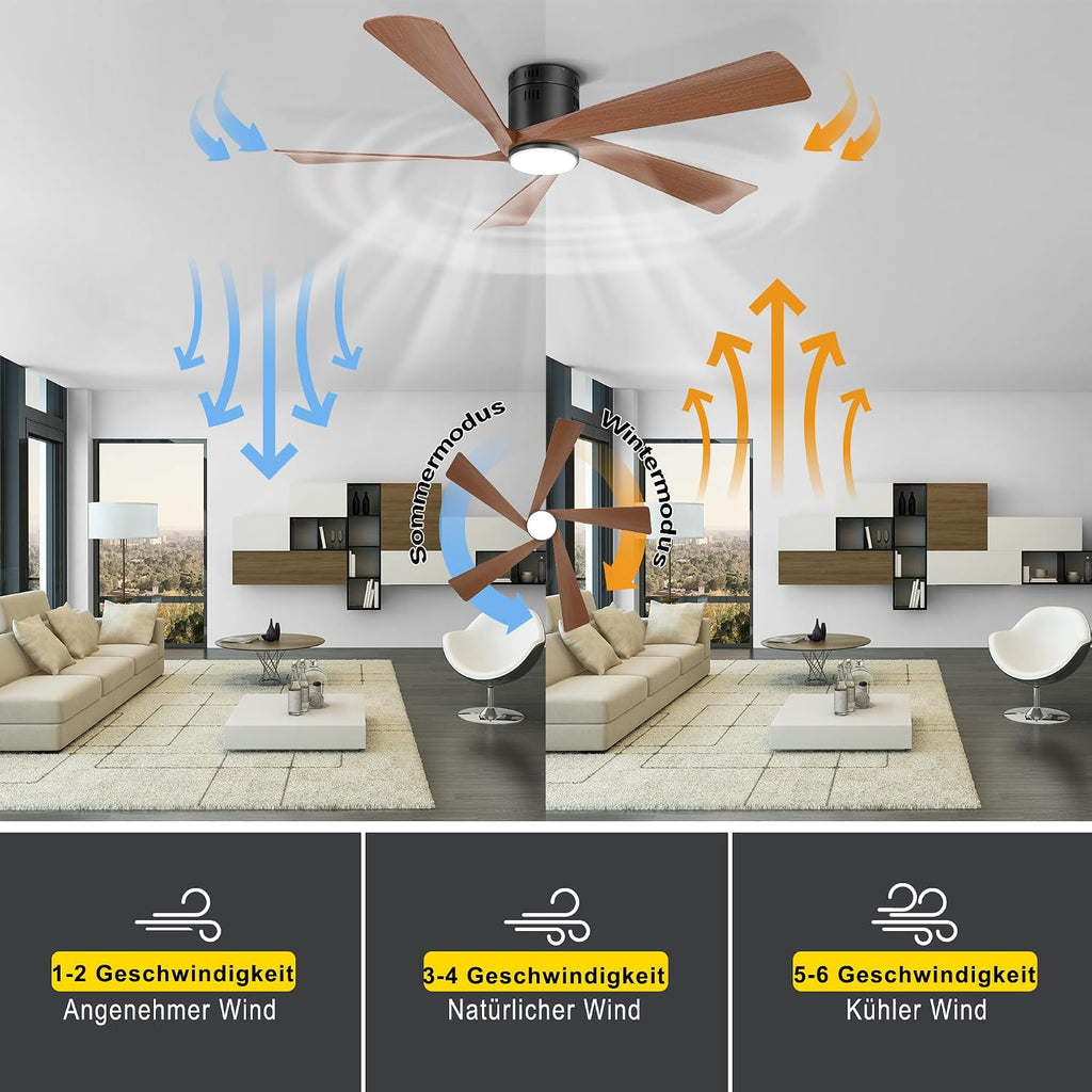 Ohniyou Deckenventilator mit Beleuchtung, 132 cm (52 Zoll), Fernbedienung und App-Steuerung, Deckenventilator für den Außenbereich, Terrasse, Wohnzimmer, Dimmbar, Leiser DC-Motor, Walnuss