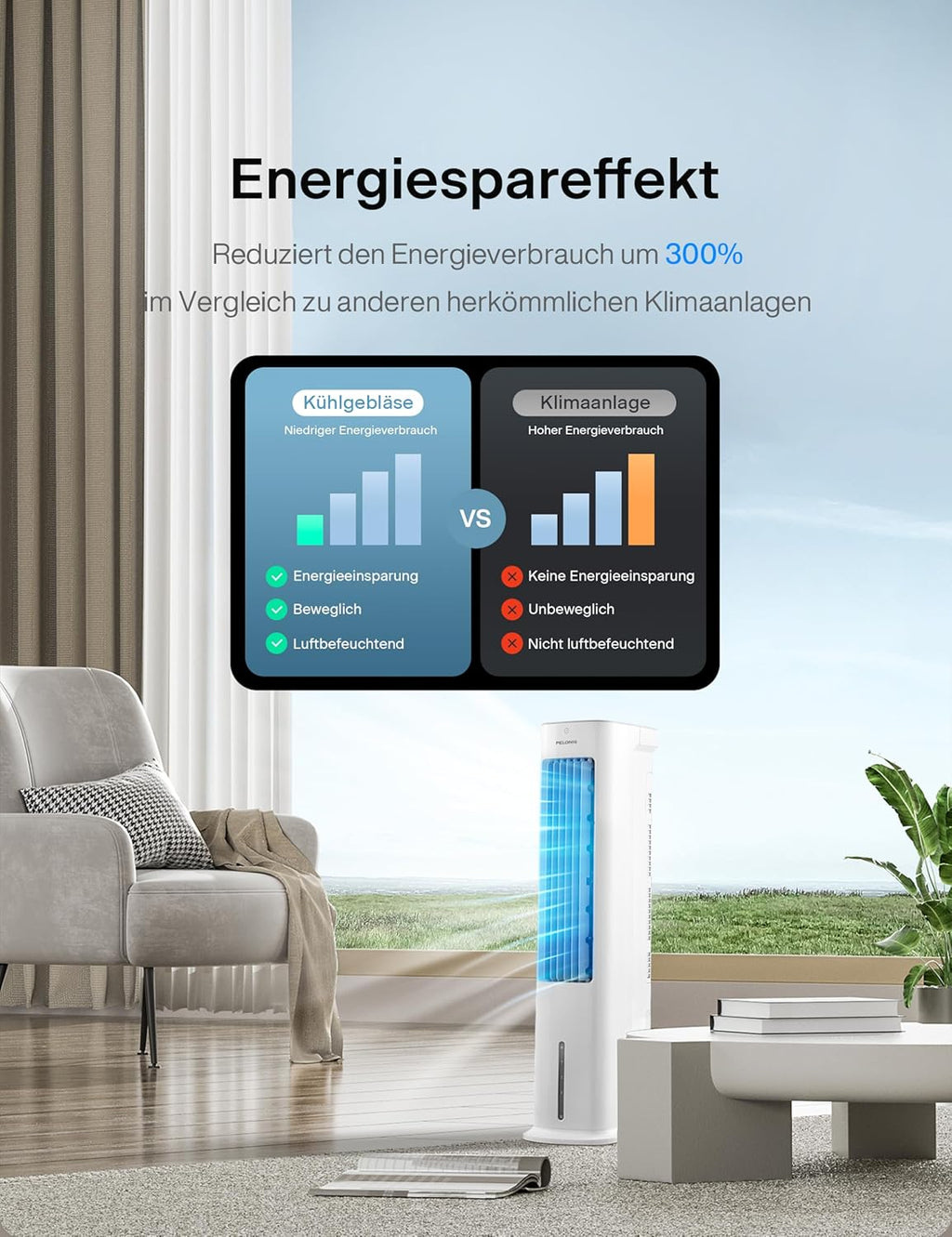 PELONIS Luftkühler mit Wasserkühlung, Klimaanlage Mobil, 5L Ventilator mit Wasserkühlung, Klimagert Luftbefeuchter mit Fernbedienung, 355m/h Klimaanlage Ohne Abluftschlauch