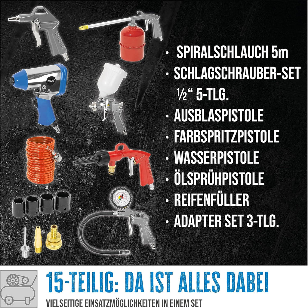 Güde Kompressor-Set 405/10/50 15T(ölgeschmiert, 10 bar, 2200 W, 50 l Kessel, eff. Liefermenge 250 l/min, 2x Manometer, 2x Druckluftkupplungen, Sicherheitsventil  und  Ablassschraube, inkl. Zubehör-Set)