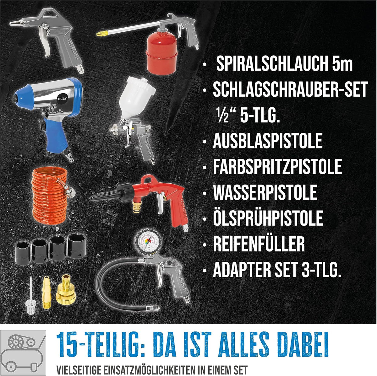 Güde Kompressor-Set 405/10/50 15T(ölgeschmiert, 10 bar, 2200 W, 50 l Kessel, eff. Liefermenge 250 l/min, 2x Manometer, 2x Druckluftkupplungen, Sicherheitsventil  und  Ablassschraube, inkl. Zubehör-Set)