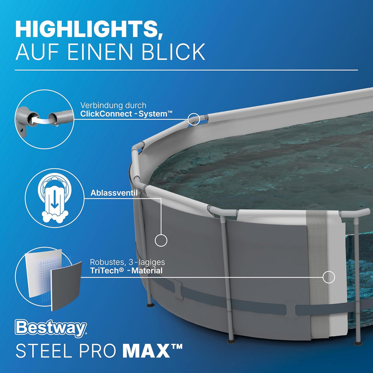 Bestway Power Steel Frame Pool Set mit Filterpumpe 305 x 200 x 84 cm, grau, oval