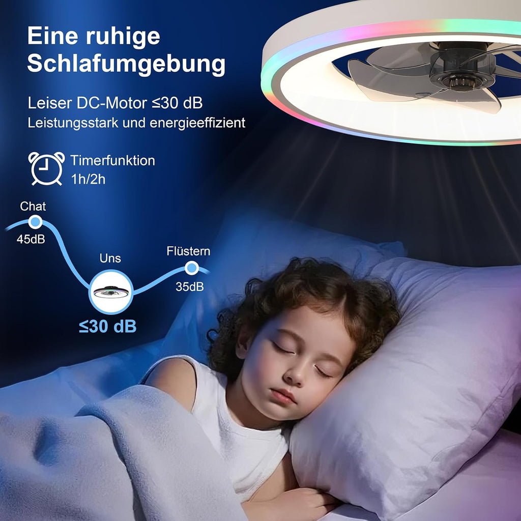 60CM Deckenventilator mit Beleuchtung, RGB Deckenventilator mit Licht und Fernbedienung, Leise Deckenlampe mit Ventilator, 6 Geschwindigkeiten, Dimmbare, Timer, für Schlafzimmer, Weiß