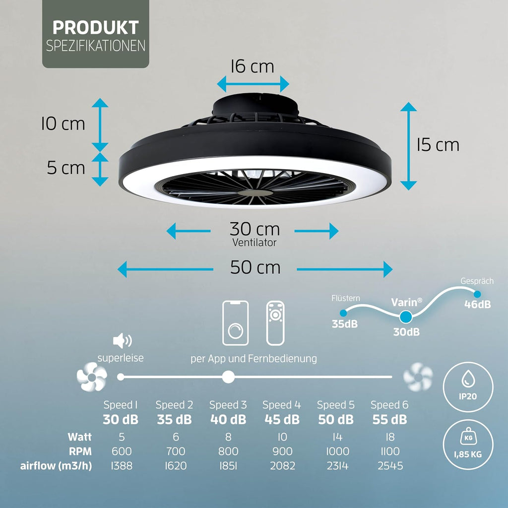 Varin® Smart Deckenventilator mit Beleuchtung, Deckenlampe mit Ventilator Schlafzimmer, Tuya WLAN, LED 30W RGBW, Ø 50 cm, Ventilator Leise, Fernbedienung, 3000K bis 6000K, Schwarz-Schwarz