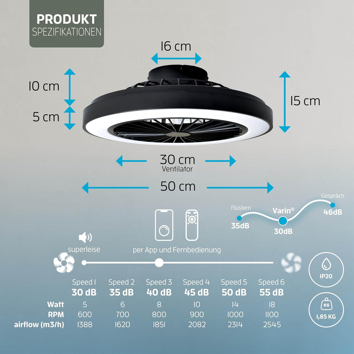 Varin® Smart Deckenventilator mit Beleuchtung, Deckenlampe mit Ventilator Schlafzimmer, Tuya WLAN, LED 30W RGBW, Ø 50 cm, Ventilator Leise, Fernbedienung, 3000K bis 6000K, Schwarz-Schwarz