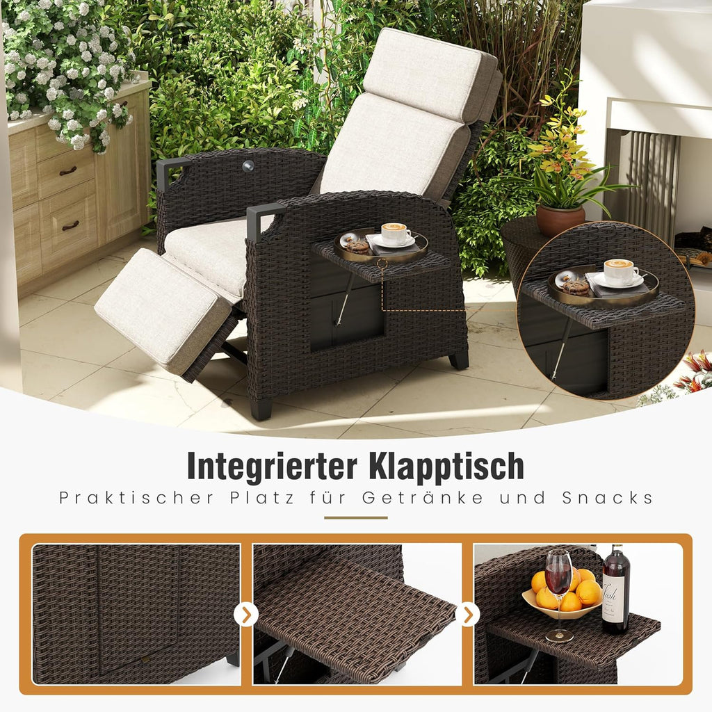 Amopatio Relaxliege Liegesessel, Rattan Sonnenliege mit Verstellbar Rückenlehne und Klapptisch, Outdoor Gartensessel wetterfestes, für Terrasse, Garten, Balkon – Beige & Braun
