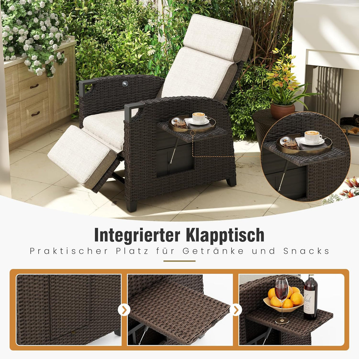 Amopatio Relaxliege Liegesessel, Rattan Sonnenliege mit Verstellbar Rückenlehne und Klapptisch, Outdoor Gartensessel wetterfestes, für Terrasse, Garten, Balkon – Beige & Braun
