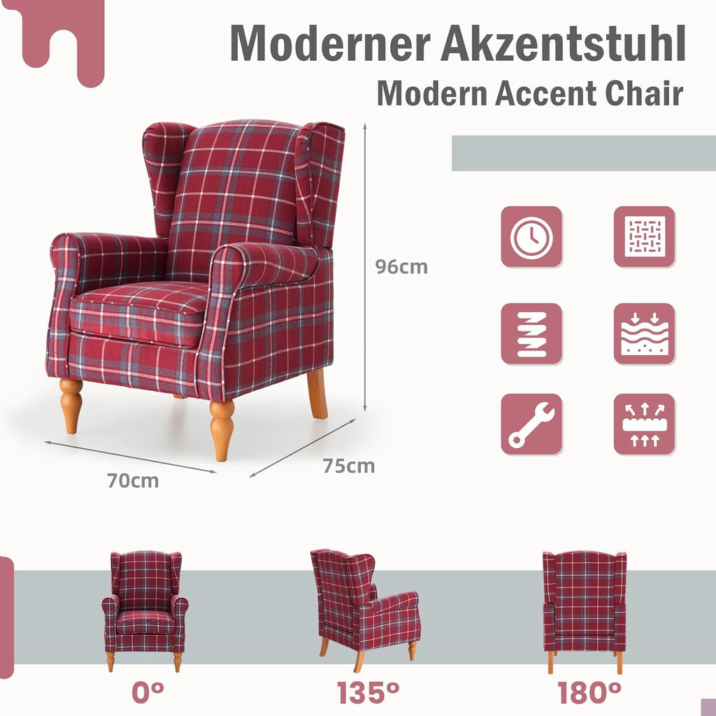 Ohrensessel, Vintage Sessel mit Holzfüße, gepolsterte Relaxsessel, Einzelsessel für Wohnzimmer, Schlafzimmer, Leinen (Rot)