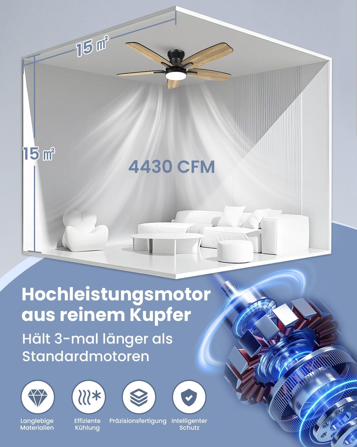 Airwit 106 cm Deckenventilator mit Beleuchtung und Fernbedienung, Deckenventilator mit Licht, leiser 20 dB DC-Motor, dimmbare 18W LED, Timer, doppelseitige Flügel, für Schlafzimmer Wohnzimmer