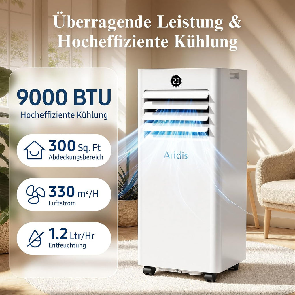 Klimaanlage Mobil 9000 BTU,4-in-1 Mobile Klimaanlage - LED Display&Fernbedienung,leise mobile klimaanlage mit einem Fenstermontagesatz,klimagerät mit abluftschlauch,Raumgröße bis 88m³(33㎡) Tragbare