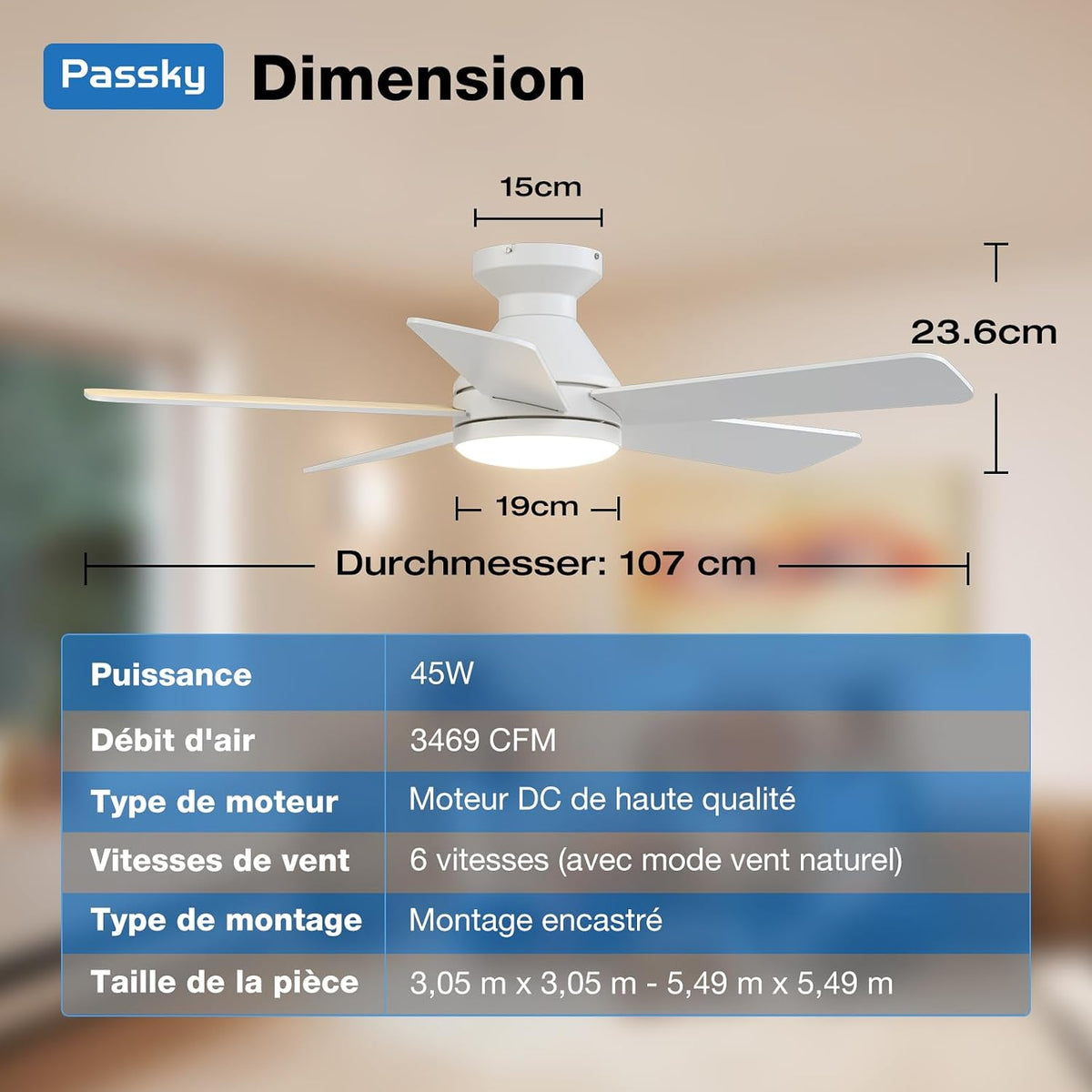 Passky 107cm Deckenventilator mit Beleuchtung & Fernbedienung, leiser DC-Motor, 6 Geschwindigkeiten, Dimmbare LED-Leuchte, 3 Farbtemperaturen, Weiß