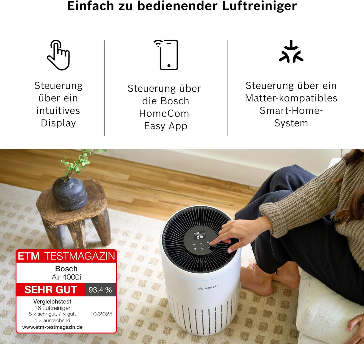 Bosch Air 4000i App-gesteuerter Luftreiniger - Für Räume bis zu 62,5 m² - Entfernt Schadstoffe - Mit 3-in-1 Luftfilter, Smart Sensor, Automatikmodus, Ruhemodus (< 25 dB(A)) - CADR: 300 m³/h