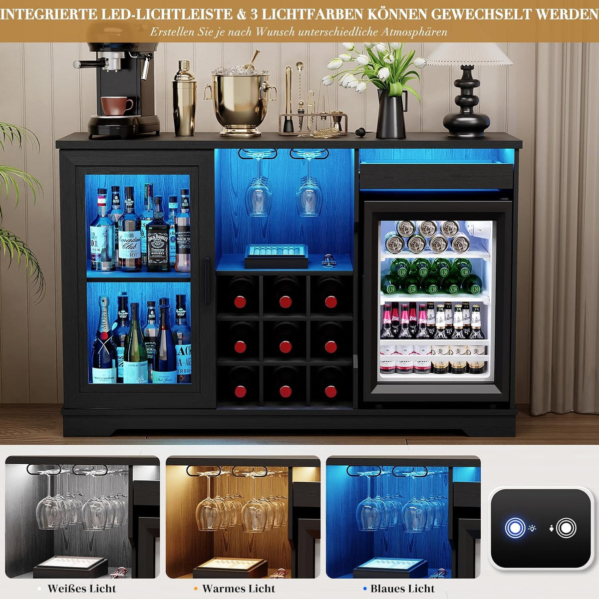 Barschrank mit Kühlschrank (inklusive), weinkühlschrank mit LED-Beleuchtung, Getränkeschrank Sideboard mit Bewegungssensor, Weinschrank für Wohnzimmer Küche Esszimmer (Schwarz)