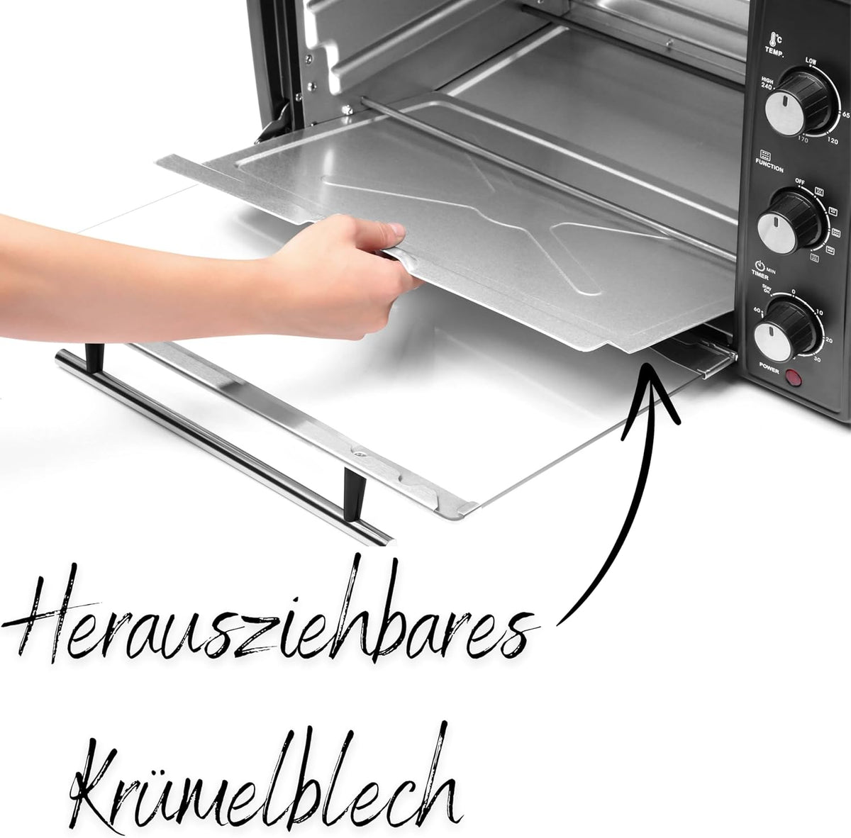 Mini Backofen 45 Liter mit Umluft | Elektrischer Drehspieß | 1800 Watt | Umluft Ofen | Pizzaofen | Innenbeleuchtung | Inkl. Backblech und Grillrost | Minibackofen | Kleiner Backofen | Miniofen