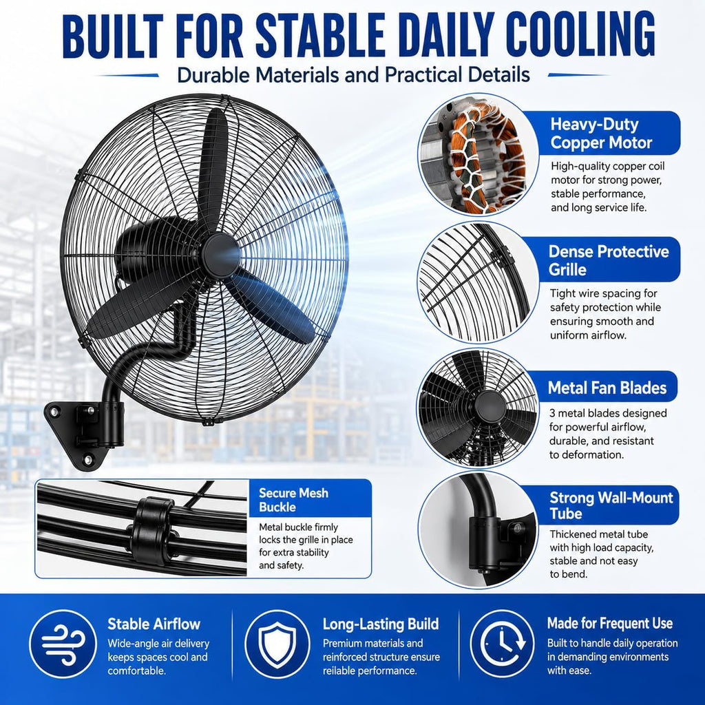 TsoLay Industrieller Wandventilator, Oszillierender Hochgeschwindigkeitsventilator, Robustes Metall, 3 Geschwindigkeiten, 120° Oszillation & 30° Einstellbar, Für Gewerbe, Wohnbereich, Garage