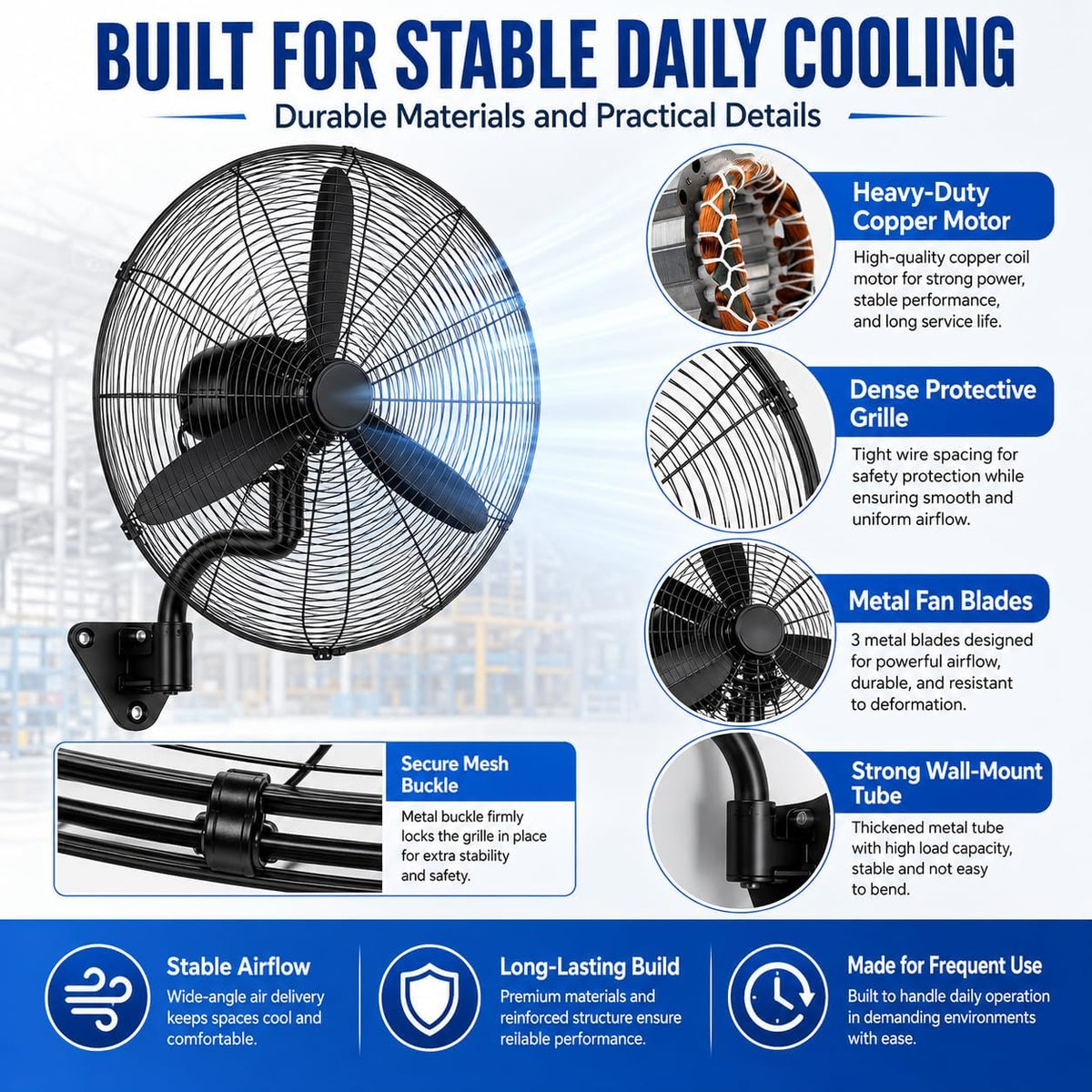 TsoLay Industrieller Wandventilator, Oszillierender Hochgeschwindigkeitsventilator, Robustes Metall, 3 Geschwindigkeiten, 120° Oszillation & 30° Einstellbar, Für Gewerbe, Wohnbereich, Garage