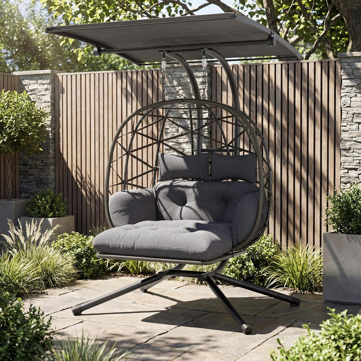 UDPATIO Hängesessel Outdoor mit Gestell, Hängeschaukel mit Sonnendach & Fußablage, Hängestuhl bis 280KG für 2 Personen, Verstellbare Kuppel & Dicke Kissen, Schaukel Sessel Garten, Balkon, Grau