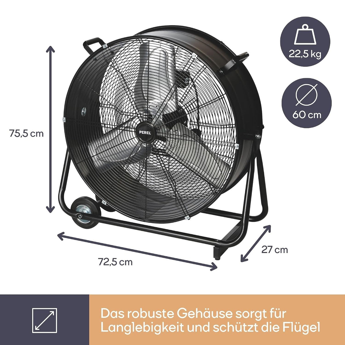 Perel Bodenventilator Ø 60 cm, Trommelventilator, Ventilator groß stark, Windmaschine, Industrieventilator, Trommelgebläse, 2 Geschwindigkeiten, Metall, schwarz, 22.5 kg