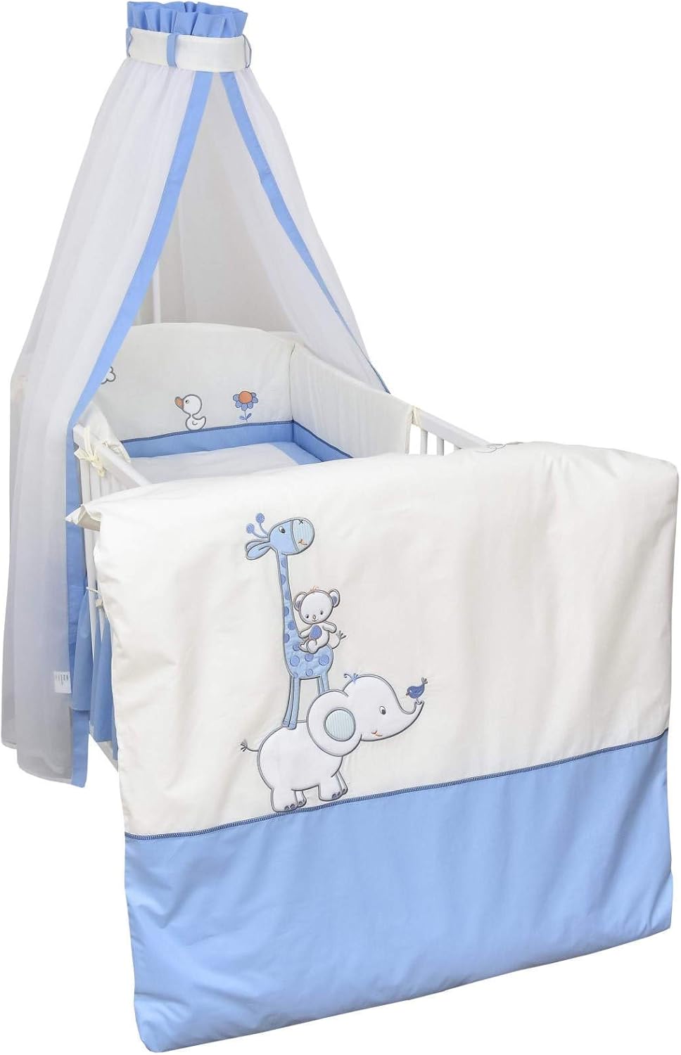 Babybett Komplett Set Max Prince 60x120 weiß Kinderbett umbaubar zum Juniorbett inkl. Bettwäsche Set Komplett (Zirkus blau)