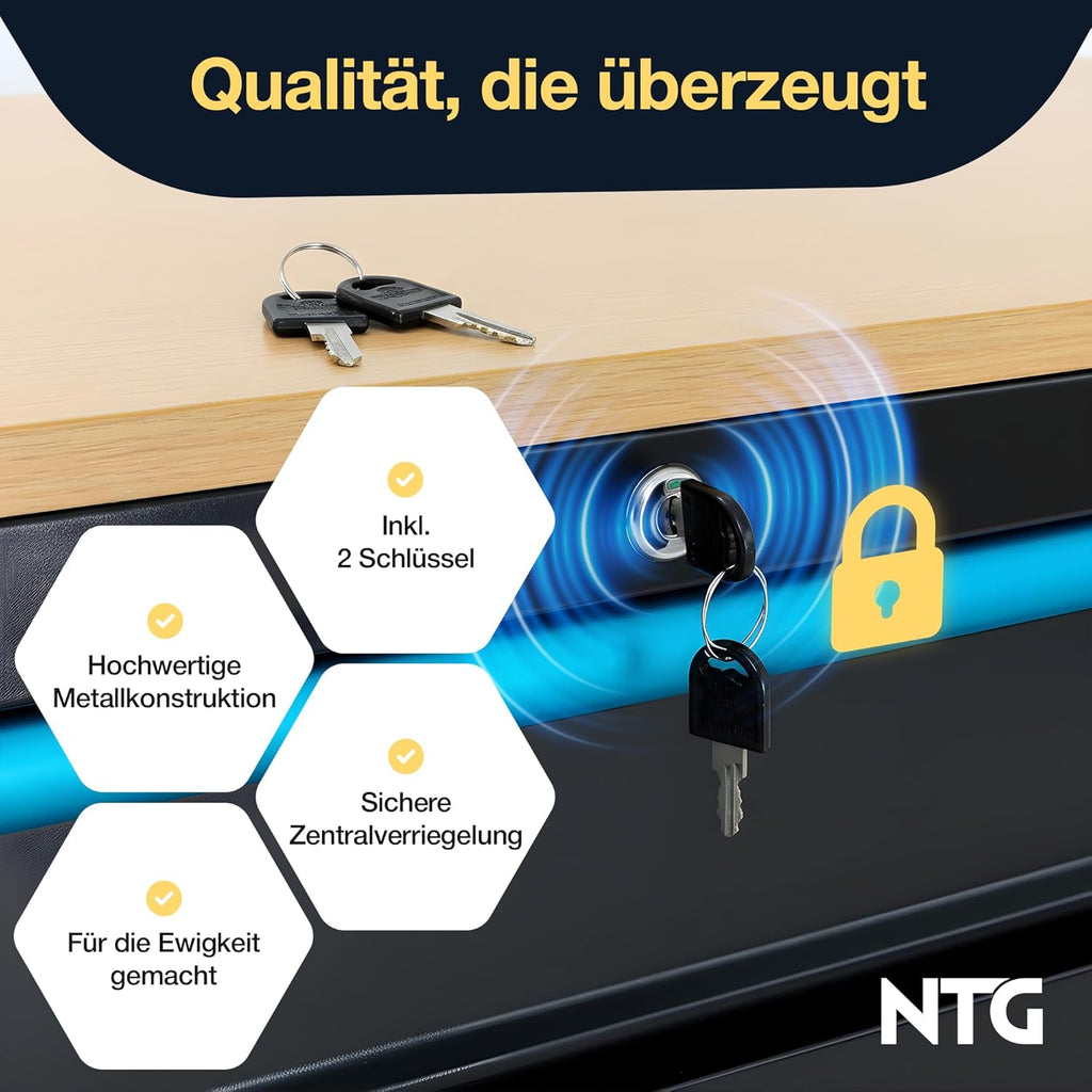 NTG Werkzeugwagen XXL – 471-tlg. bestückt – 12 Schubladen mit Holzarbeitsplatte, abschließbar, mobil auf Rollen – Profi Werkstattwagen aus Metall für Garage & Werkstatt