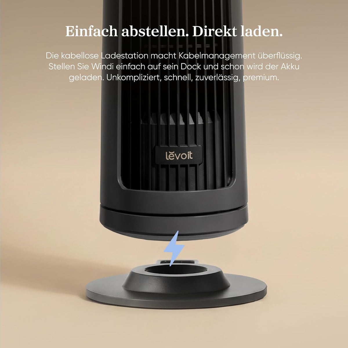 Levoit Kompakt Turmventilator Akku DC Motor Indoor/Outdoor – leise ab 20dB Ventilator – 7m/s Kühlung Tischventilator– 5 Stufen/90° Oszillation/12 Std Timer/Fernbedienung – tragbar, 33 cm, Graphitgrau