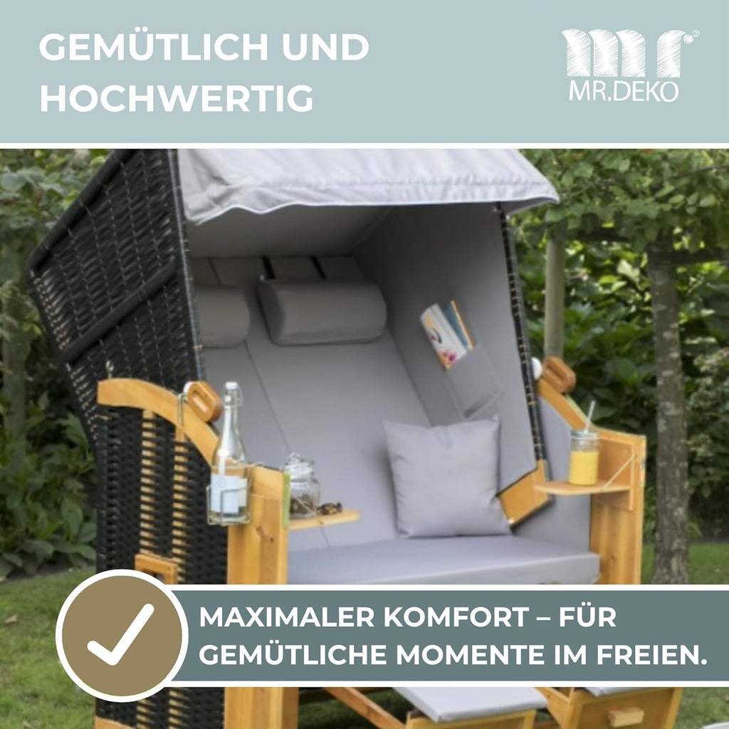 Strandkorb Ostsee Volllieger 2-Sitzer | PE Geflecht Schwarz Bezug Uni grau | inkl. 4 Kissen & Klapptisch | Strandstuhl verstellbar | Strandkörbe aus Hartholz mit Fußablage (Dessin Uni Grau)
