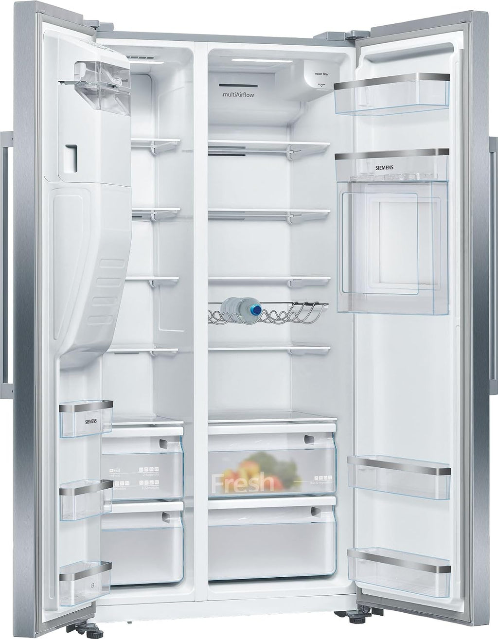 Siemens KA93GAIDP, iQ500, Amerikanischer Side-by-Side, 178,7 x 90,8 cm, 369 L Kühlen & 191 L Gefrieren, noFrost-Frischesystem, Eis- und Wasserspender mit Wasseranschluss, Barfach, Gebürsteter Stahl