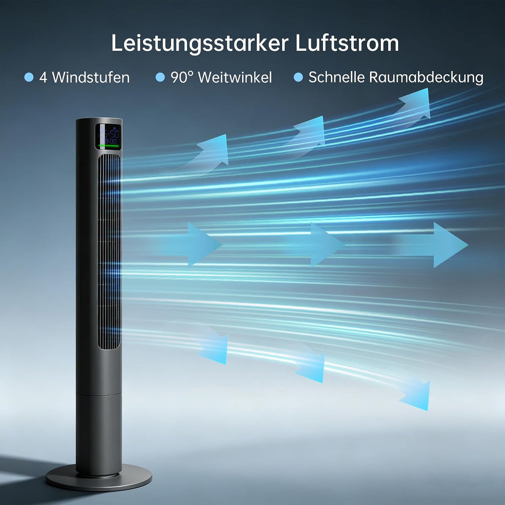 PHILODECO Turmventilator 115 cm Grau, leiser Standventilator mit Fernbedienung leise, 10 m Reichweite, 4 Stufen & 4 Modi, 90° Schwenk, 12h Timer, energiesparend