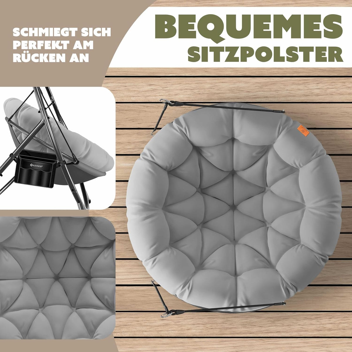 KESSER® Hängesessel mit Gestell Bali Hängeschaukel Hängestuhl bis 150kg für Indoor und Outdoor + Kissen & Seitentasche Hängekorb Stahlgestell & Schaumstoff Sitzpolster