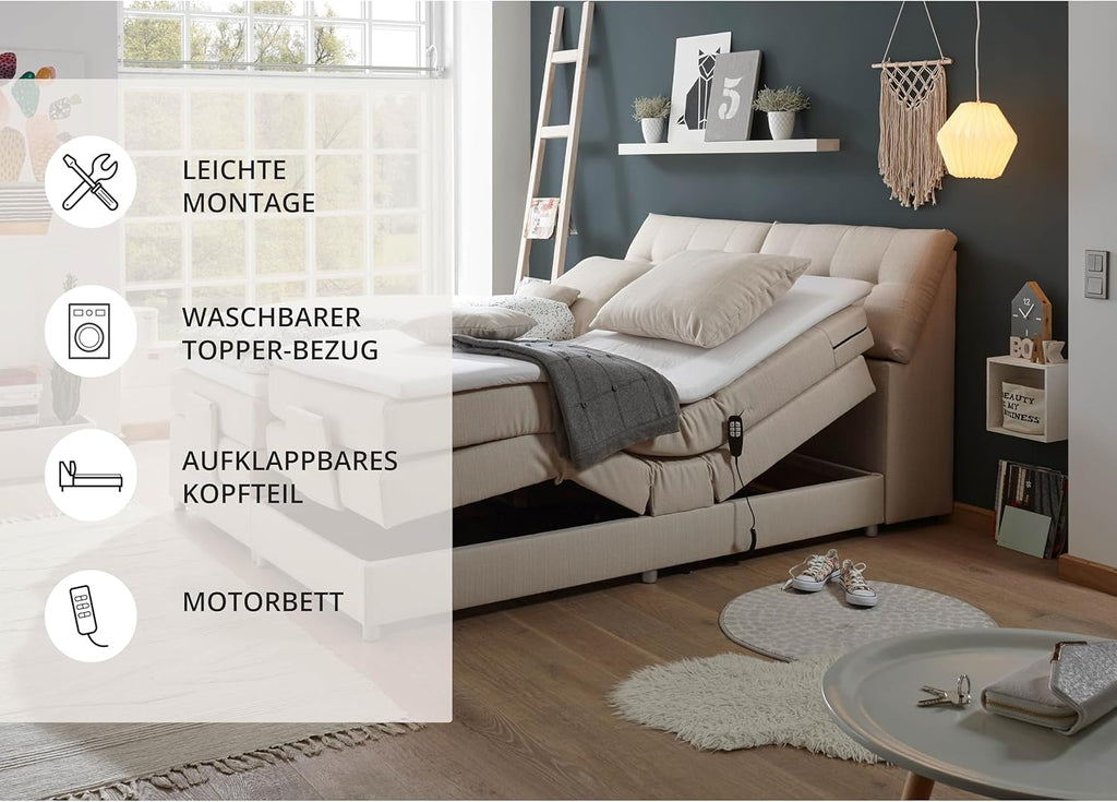 CARPINO Boxspringbett 180x200 elektrisch verstellbar, Creme - Bequemes Doppelbett mit dekorativer Steppung & Komfortschaum Topper - 180 x 110 x 234 cm (B/H/T)