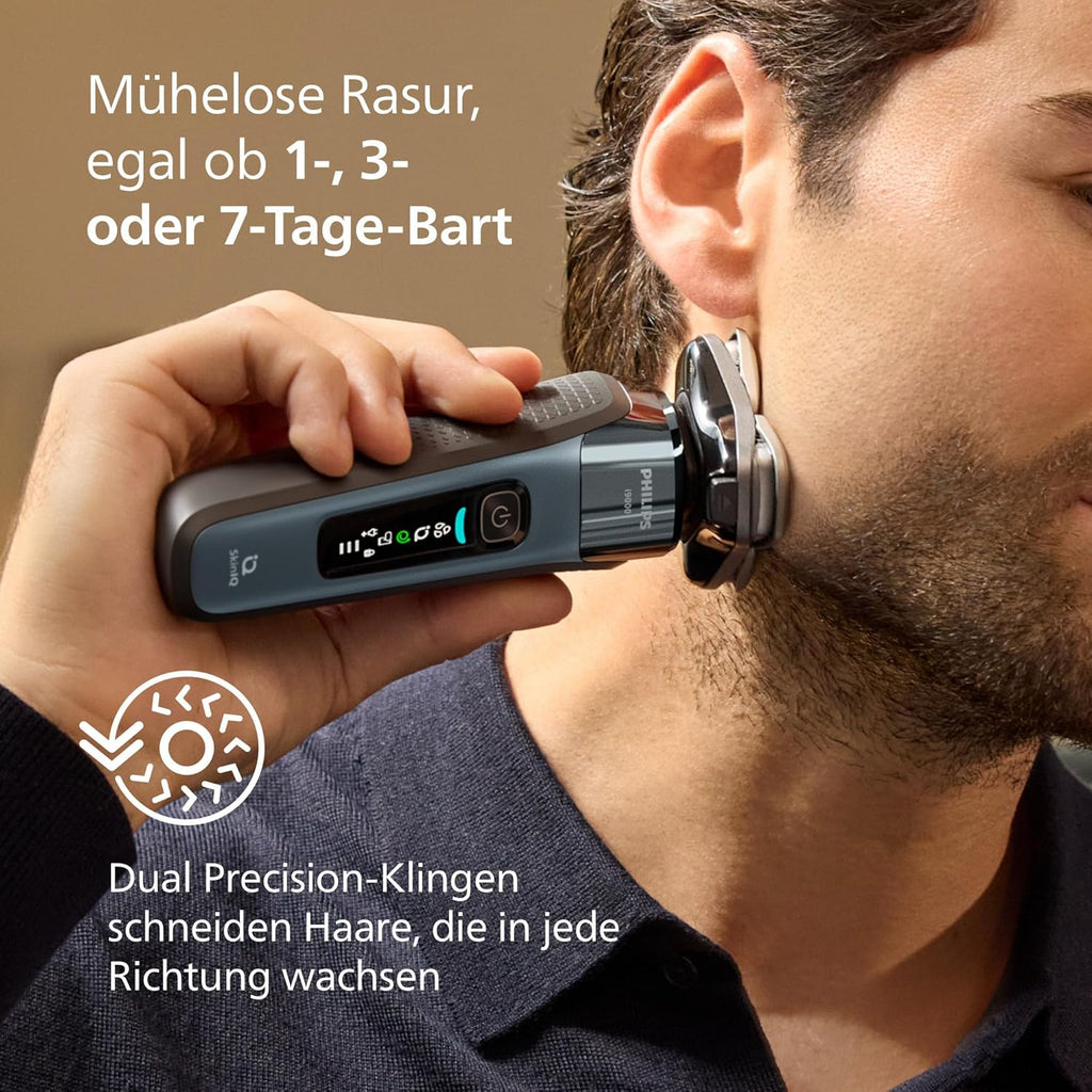 Philips Rasierer i9000, Elektrischer Nass-und Trockenrasierer für Herren mit integriertem Trimmer, taubenblau, Reinigungsstaion, Ladestation und Reiseetui (Modell X9001/30)