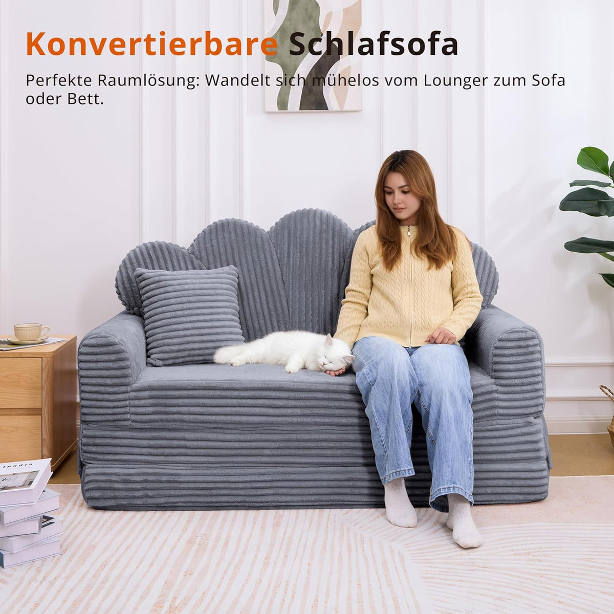 IRONCK Schlafsofa 2-Sitzer Sofa mit Schlaffunktion Boneless Sofa Bed aus Cord & Schaum, Sofabett 153x267cm, Klappbar Schlafcouch, 2 Kissen & Seitentaschen, Bettsofa für Wohnzimmer Schlafzimmer, Grau