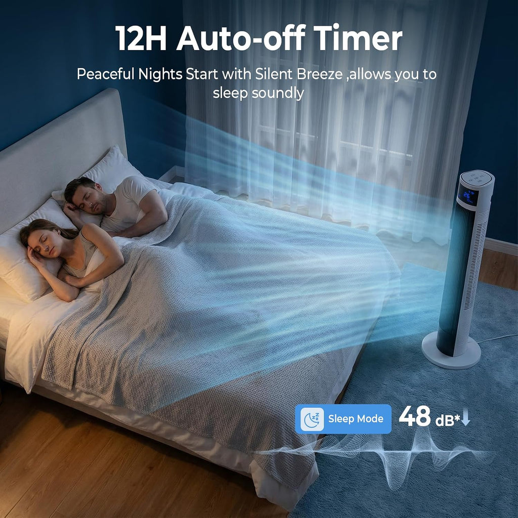 30dB Turmventilator Sehr Leise mit Fernbedienung | 80° Oszillation, drei Modi, Raumkühlung, platzsparender Tower Fan, kühlender Luftstrom, Schlafzimmer Büro, Senioren geeignet