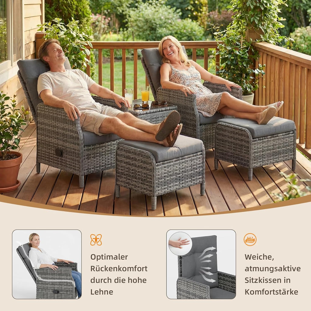 UDPATIO Lounge Möbel Outdoor Set 5-teilig mit Verstellbaren Sessel, Fußhocker und Couchtisch | Rattan Gartenmöbel | Balkonmöbel Kleiner Balkon | Wetterfest Terrassenmöbel | Dunkelgrau