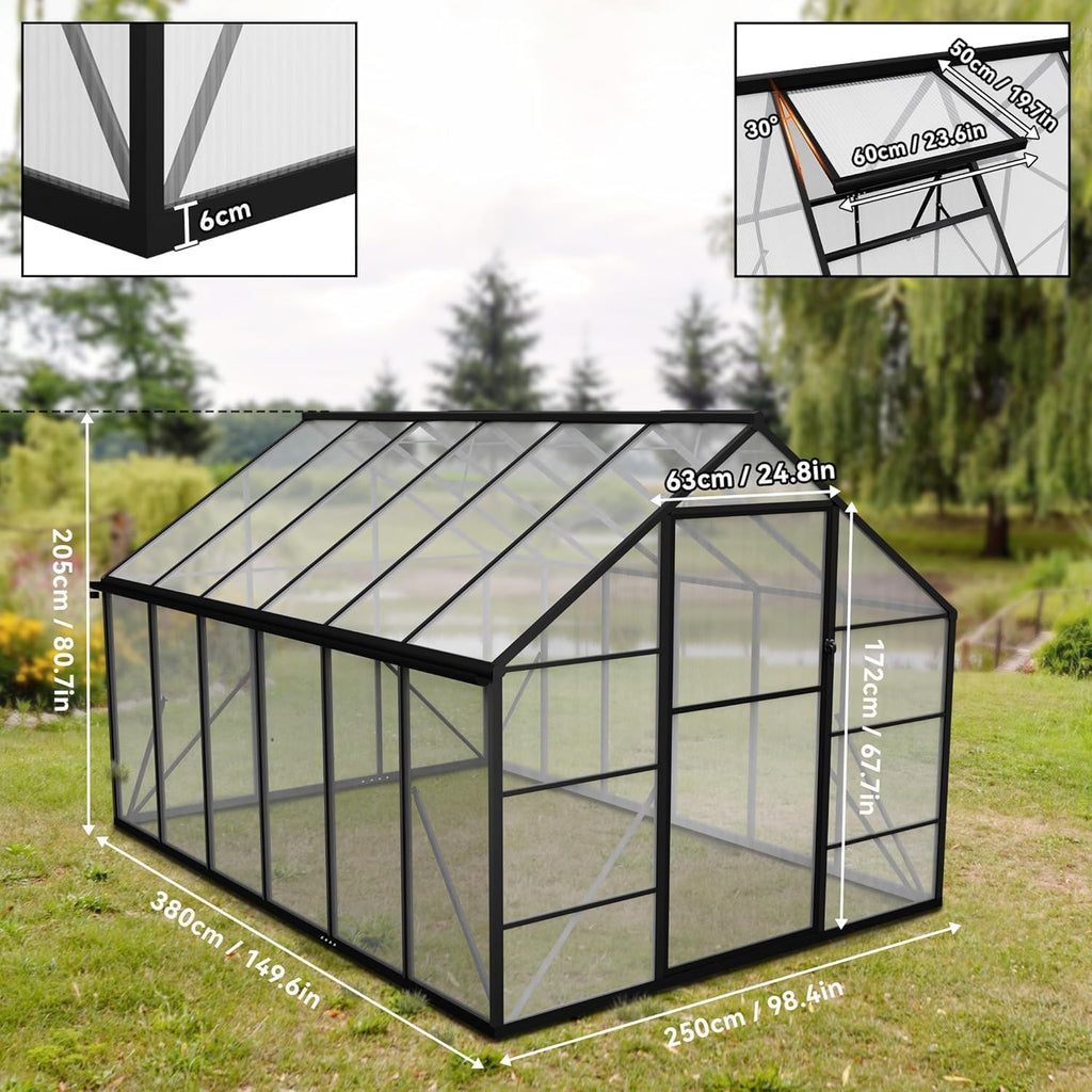 LZQ Gartengewächshaus Aluminium mit Fundament 380x250x205 cm Gewächshaus Pflanzenhaus mit Schiebetür und Dachfenster Treibhaus Gartenhaus Winterfest Aufzucht Tomatenhaus (8x12 ft)