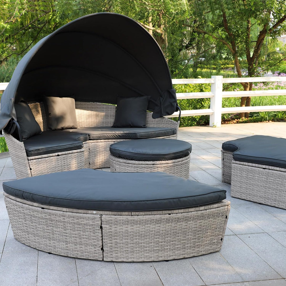 Poly Rattan Sonneninsel XL mit faltbarem Sonnendach Ø 180/210 cm inkl. Auflagen Kissen, Lounge Sonnenliege Gartenmuschel (Hellgrau, Dia 210)