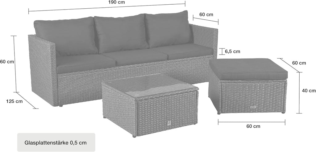 LC Garden Loungino Polyrattan Lounge grau-Mix für 3-4 Personen, Balkonmöbel Sitzgruppe mit Tisch + Hocker, Gartenlounge, Ecksofa für Balkon + Terrasse