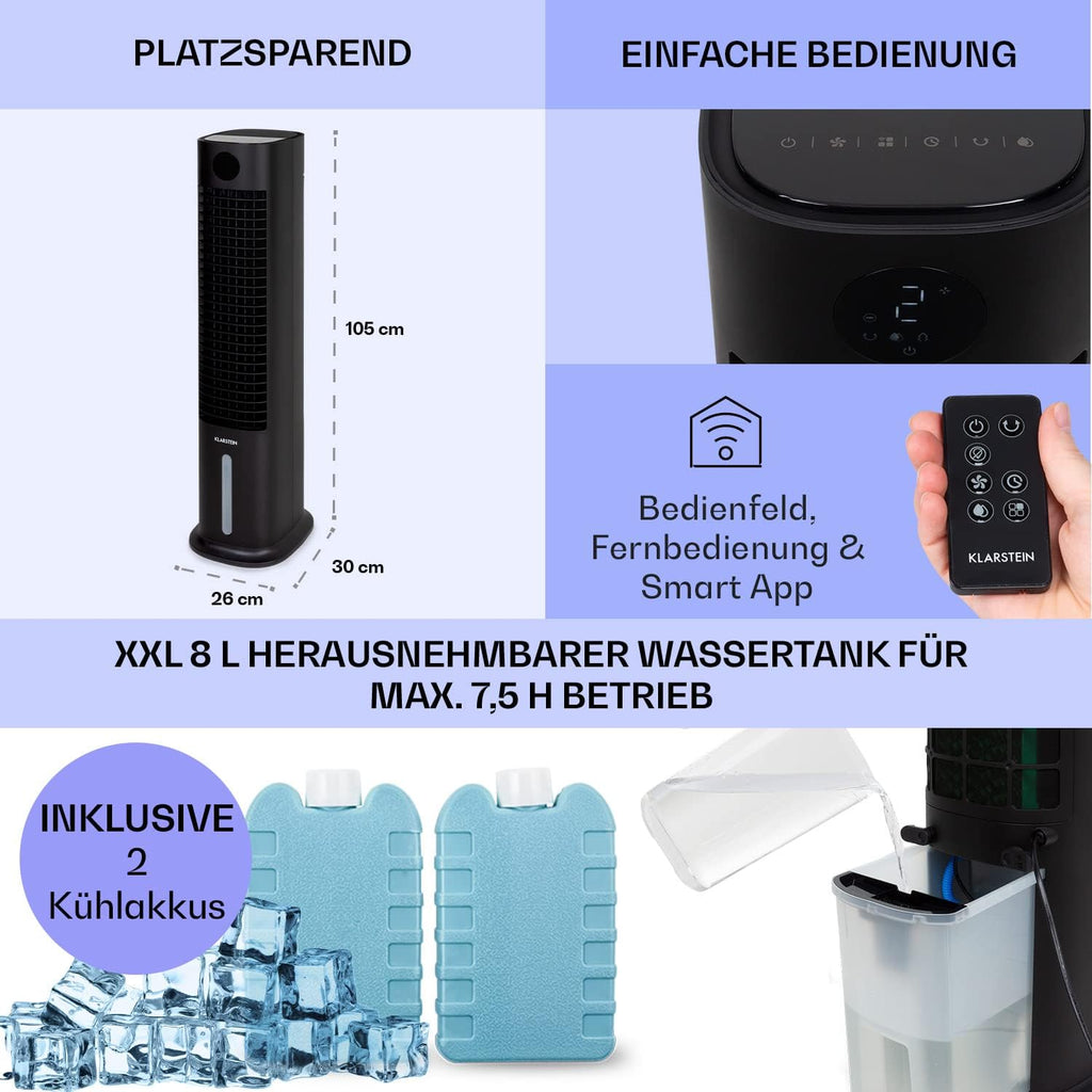 Klarstein Luftkühler mit Wasserkühlung, 5-in-1 Verdunstungskühler, Luftbefeuchter, Ventilator & Luftreiniger, Mobile Klimageräte Luftkühler mit App-Steuerung, 80W Air Cooler, 462m³/h Luftstrom, Weiß